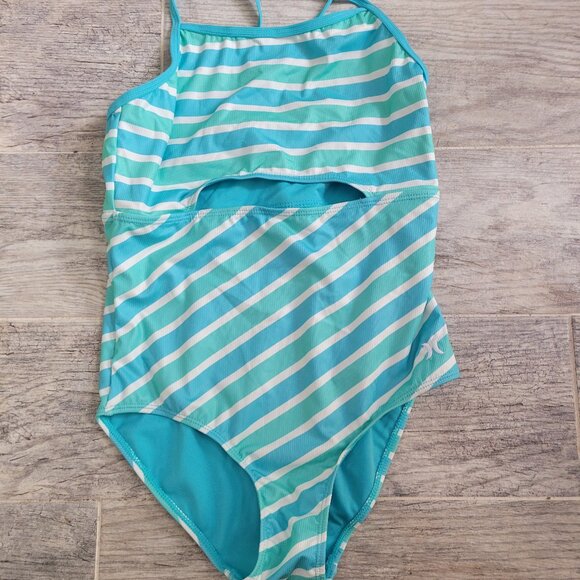 Hurley Swim Suit Girl's 10/12 One Piece Blue/Green Striped Swimwear NWT - Picture 1 of 4